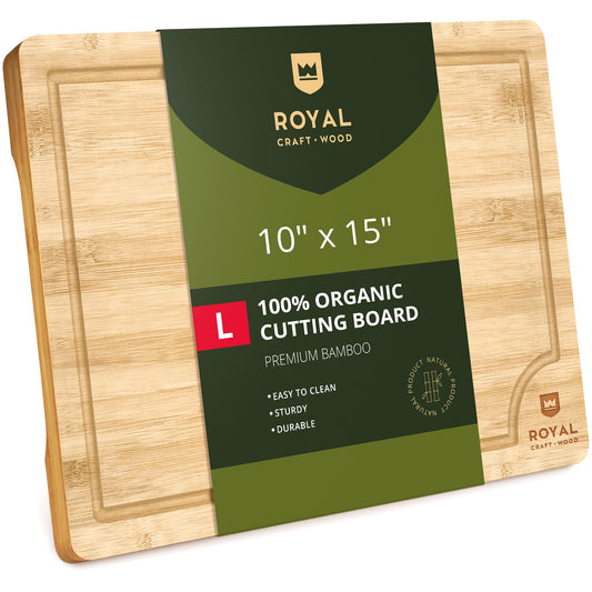 ROYAL CRAFT WOOD Bamboo Cutting Board with Juice Groove - Kitchen Chopping Board for Meat Cheese and Vegetables, Heavy Duty Serving Tray w/Handles (Large,10 x 15")