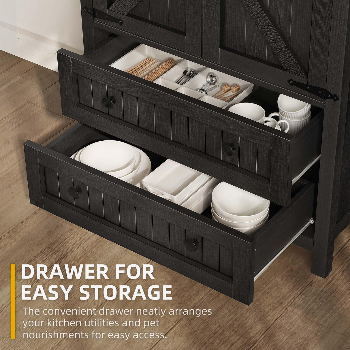 DWVO Farmhouse Kitchen Pantry Cabinet, 64.5" Tall Storage Cabinet with 2 Drawers and Adjustable Shelves, Versatile Storage for Living Room, Dining Room or Hallway, Oak Black DWVO