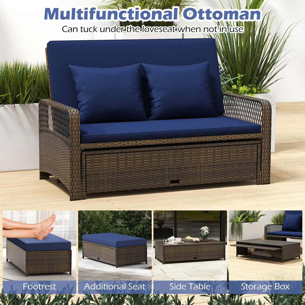 Tangkula Patio Adjustable Wicker Daybed, Rattan Loveseat & Storage Ottoman w/ 4-Level Backrest & Soft Cushions, Space-Saving 2-Person Sun Lounger for Backyard, Porch (Navy) Tangkula