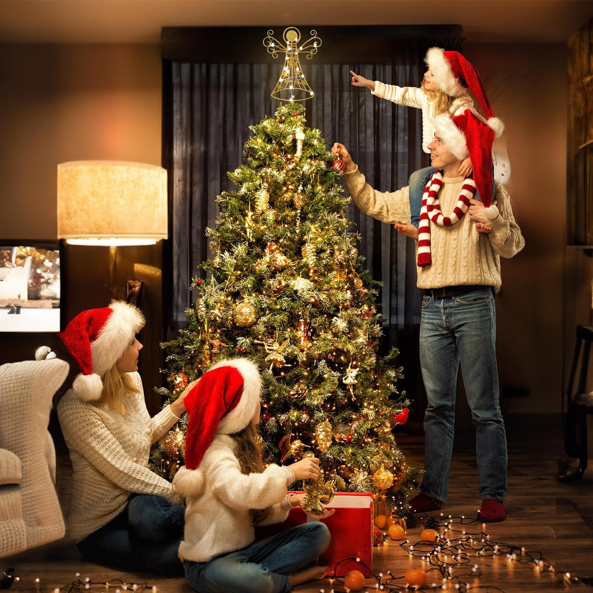 hogardeck Christmas Tree Topper, Glittered Gold Angel Tree Topper for Christmas Treetop, 30 LED Timer Sparkling Tree Toppers for Christmas Tree Decorations hogardeck