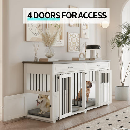 Dog Crate Furniture - Indoor Wood Dog Kennel Furniture 4 Doors with Divider and 2 Drawers - 72" L x 23.6" W x 34.8" H, White - WoodArtSupply