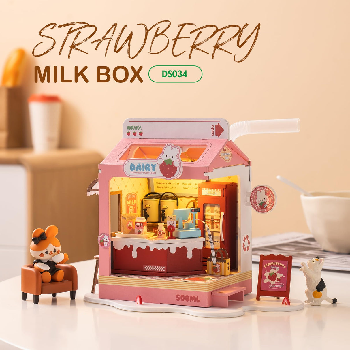 Wowood DIY Mini House Building Miniature Kit Milkbox, Miniature Lifestyle Bookshelf Decoration, Cute Craft Kits for Women or Girls 14+, Kawaii Gifts Hobbies for Crafters (Strawberry Milkbox) Wowood