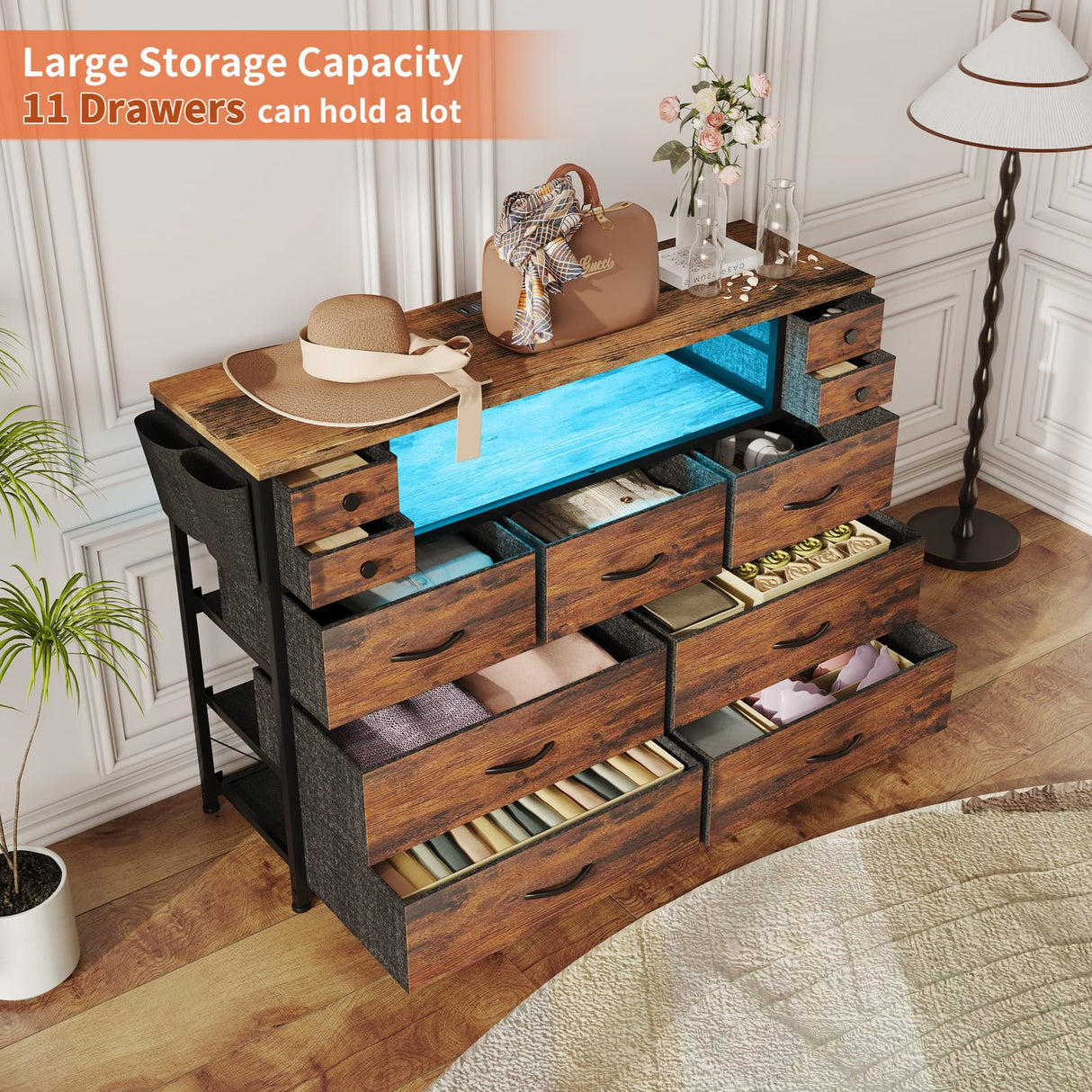 DRAWERHOM Dresser TV Stand with Power Outlets and LED Lights for 55'' TV, 11 Drawers Dresser with Side Pocket, Fabric Chest of Drawers with PU Finish, Sturdy Frame & Wood Top (Rustic Brown) DRAWERHOM