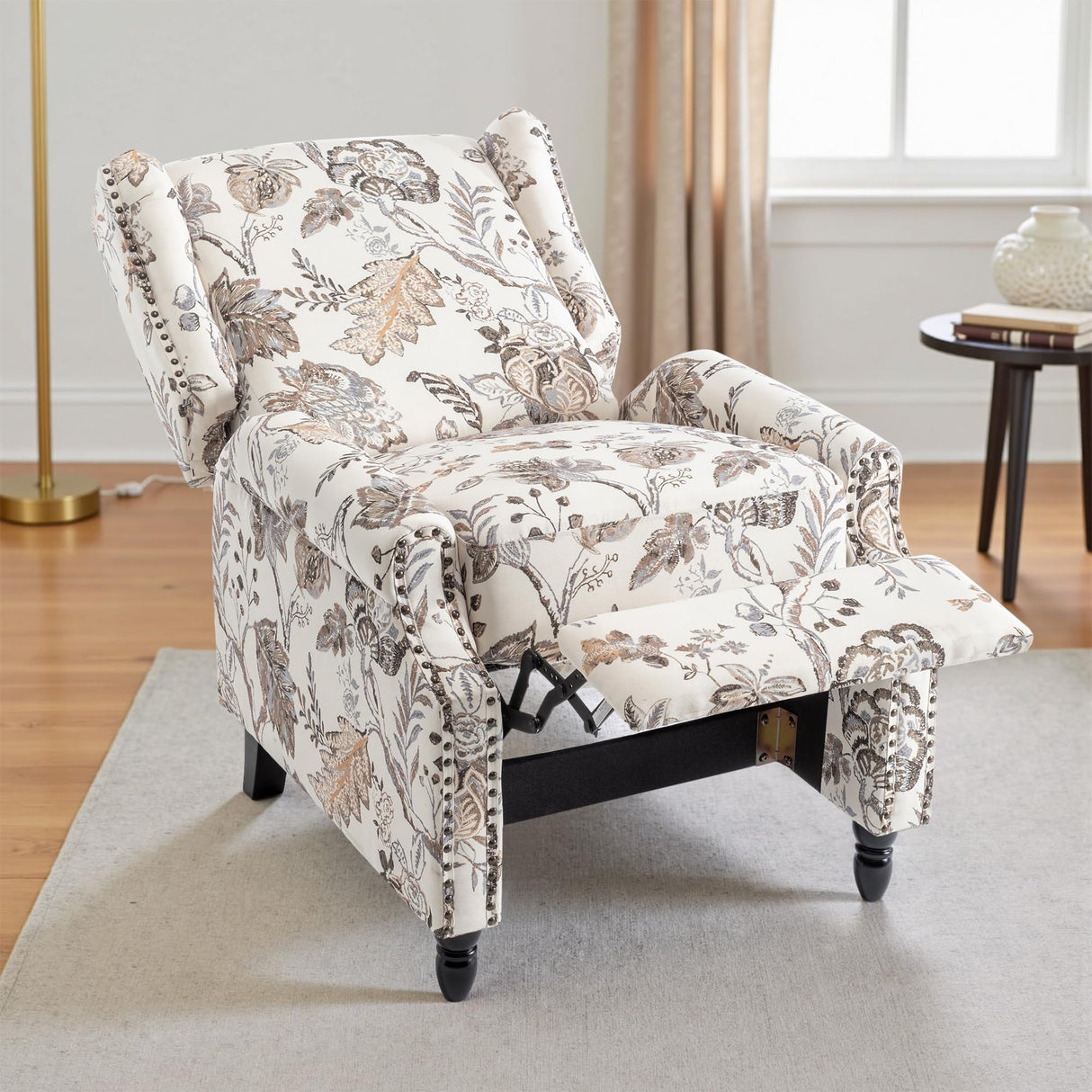 UIXE Pushback Recliner Chair, Fabric Upholstered Armchair Push Back Accent Chair for Living Room, Rivet Trim Home Theater Single Sofa Bedroom Reading Seat with Footrest - Beige Plants UIXE