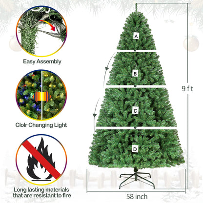 Hykolity 9 ft Prelit Christmas Tree, Artificial Christmas Tree with 600 Color Changing LED Lights, 2100 Tips, Metal Stand and Hinged Branches, 10 Color Modes