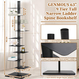 9 Tier Metal Vertical Bookshelf Tower, Freestanding Invisible Spine Bookshelf, Tall Ladder Bookcase Floating Shelf for Small Spaces, Modern Storage Corner Shelf for Living Room, Office, Bedroom Decor GENMOUS & CO.