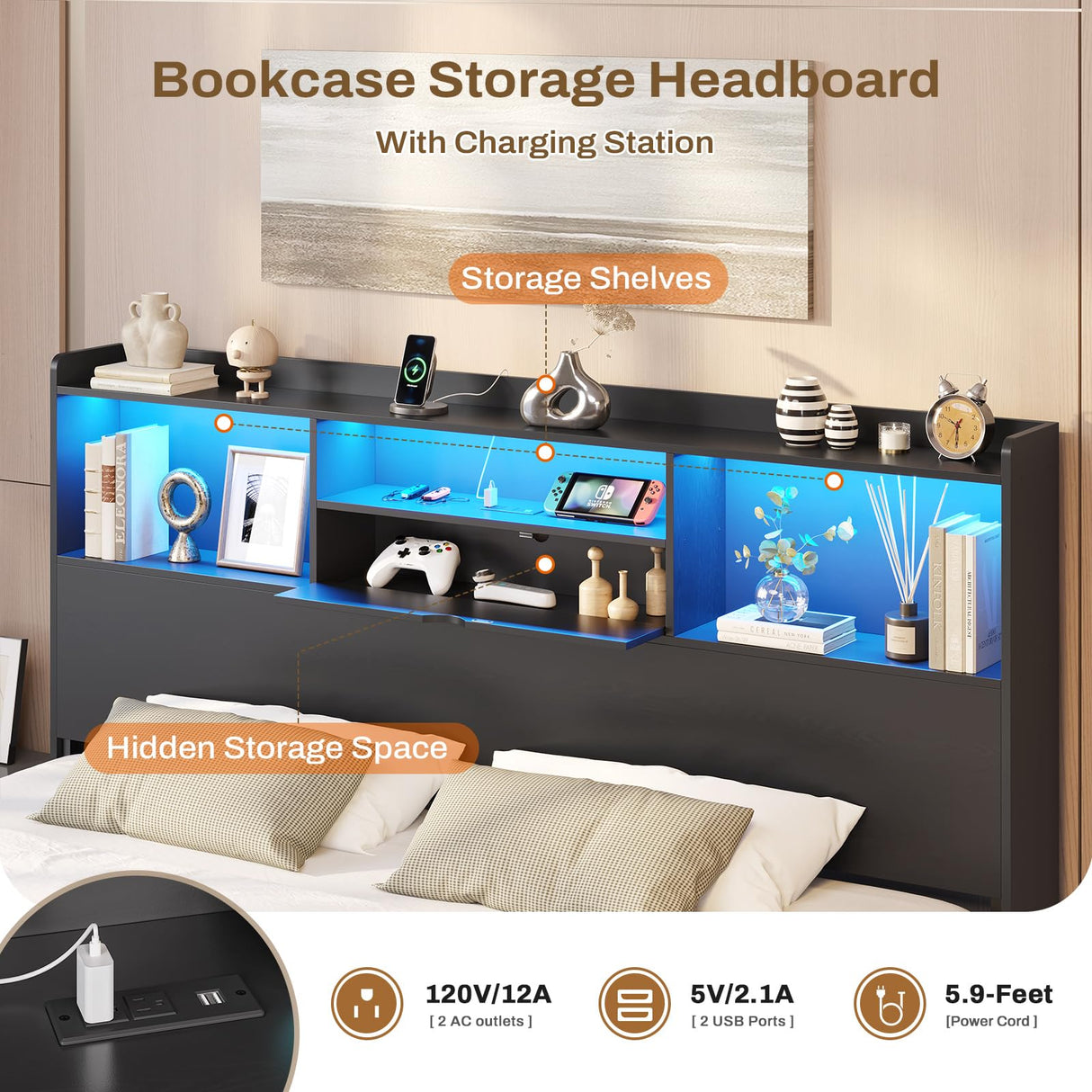 DICTAC King Floating Bed Frame with LED Lights and Headboard Storage, Visual Floating Bed with Charing Station, King Size Metal Platform Bed with Stable Structure, No Box Spring Need, Easy Assembly DICTAC