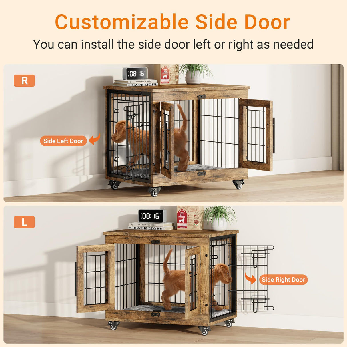 Lulive Small Dog Crate Furniture, Dog Kennel Indoor Double Doors Wooden Dog Cage, 27.1'' Heavy Duty Dog Crate with Cushion & Wheels, Decorative End Table Pet House Chew-Resistant for Small Dogs, Brown Lulive