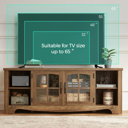 LINSY HOME Farmhouse TV Stand for 65 Inch TV, Wood Entertainment Center with Glass Door Storage Cabinet & Adjustable Shelves, Large Sturdy TV Console Table for Living Room Bedroom