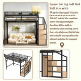 Full Loft Beds with Storage Beside Shelves and Wardrobe, Metal Loft Bed Full with LED Lights and USB Ports, Heavy-Duty Loft Bed Frame for Teens, Adults, Noise-Free & Space-Saving, Black Bellemave