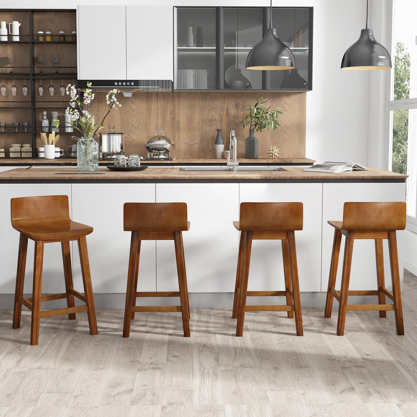 Giantex 24.5" Bar Stools Set of 2, Counter Height Stools w/Backrest & Footrest, Wooden Bar Dining Chairs, Armless Solid Wood Barstools for Kitchen Island, Pub, Dining Room, Breakfast, Kitchen, Cafe