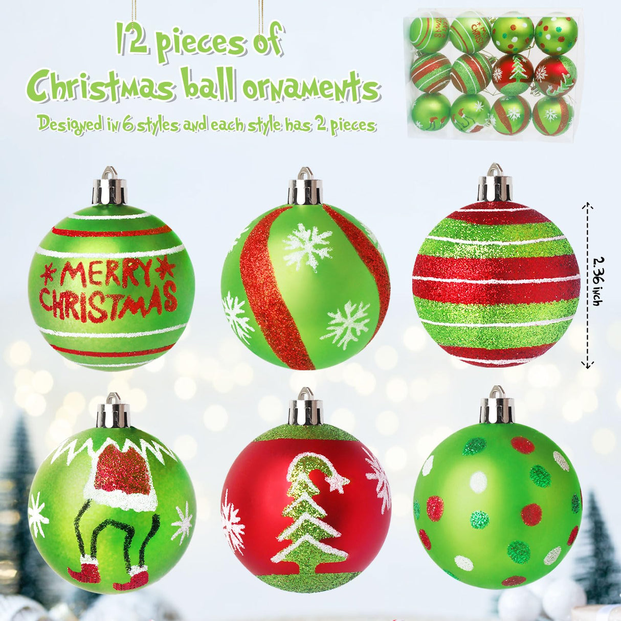 Wninbu 12 Pcs 2.4 Inch Christmas Ball Ornaments for Tree,Red and Green Glittering Hanging Bulbs Pendants for Christmas Tree Decorations Wninbu