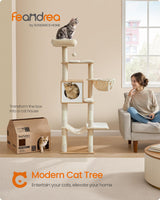 Feandrea Cat Tree, 65-Inch Tall Cat Tower, Multi-Level Cat Condo with Cave, Basket, Hammock, Pompom, Scratching Posts, Almond Yellow UPCT118Y01 Feandrea