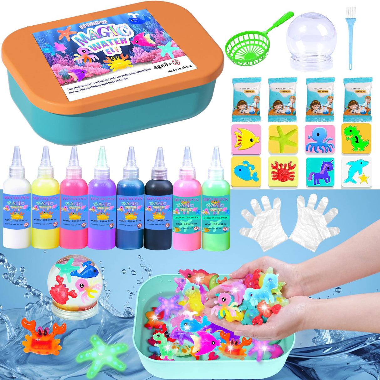 HFCHUPIN Magic Water Elf Toy Kit, Water Gel Kit with 6 Magic Gels,2 Bottles Ofluminous Gel 8 Sea Creature Molds. Birthday Gifts, Party Favors, Arts & Crafts DIY Kits for Kids HFCHUPIN
