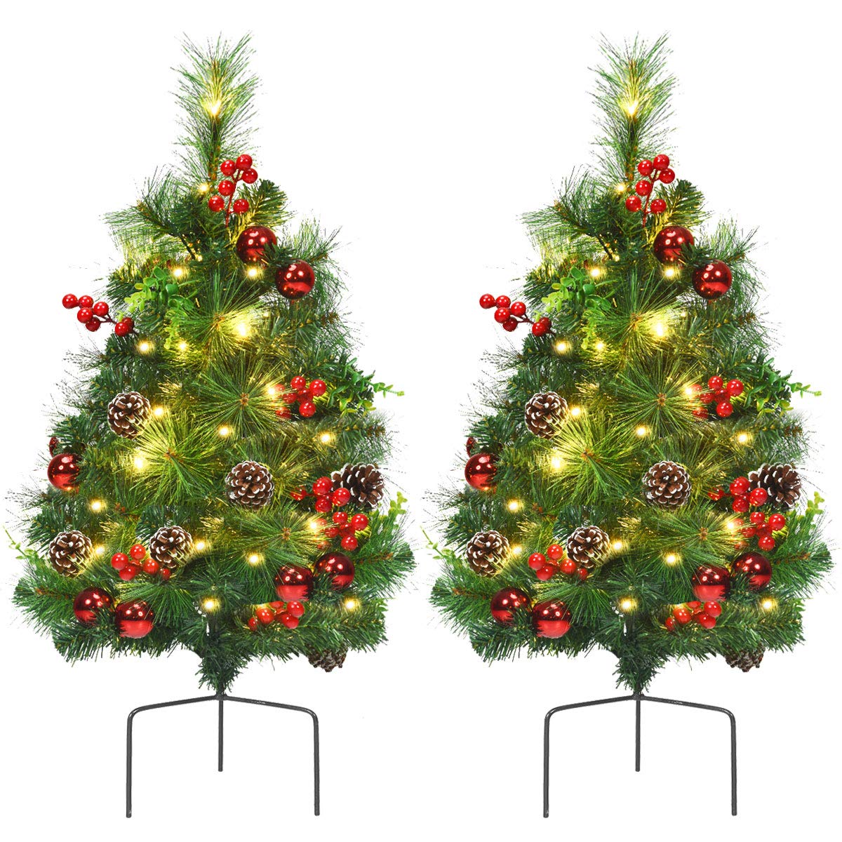 Goplus Set of 2 29" Outdoor Pathway Christmas Trees, Battery Operated Pre-Lit Artificial Xmas Trees with 30 Warm White LED Lights, 8 Flash Modes, Pine Trees for Porch Driveway Yard Garden Decor