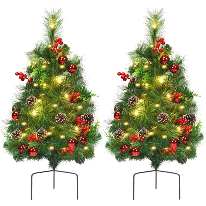 Goplus Set of 2 29" Outdoor Pathway Christmas Trees, Battery Operated Pre-Lit Artificial Xmas Trees with 30 Warm White LED Lights, 8 Flash Modes, Pine Trees for Porch Driveway Yard Garden Decor