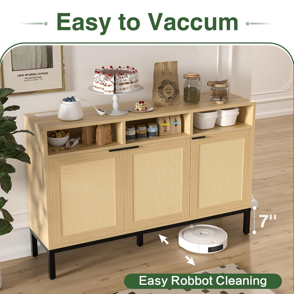 Yeyawomy Buffet Sideboard Cabinet with Storage, Storage Cabinet with LED Light and Charging Station, Rattan Sideboard Storage Cabinet, Farmhouse Kitchen Coffee Bar Cabinet, Boho Chest Storage Yeyawomy