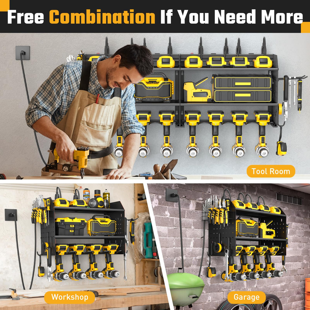 ZESEN Power Tool Organizer with Charging Station, Heavy Duty 3 Layer Drill Holder Wall Mount Garage Shelf Rack with 6 Outlet Power Strip, Tool Shelf with Hooks, Drill Bit Rack for Garage, Black ZESEN