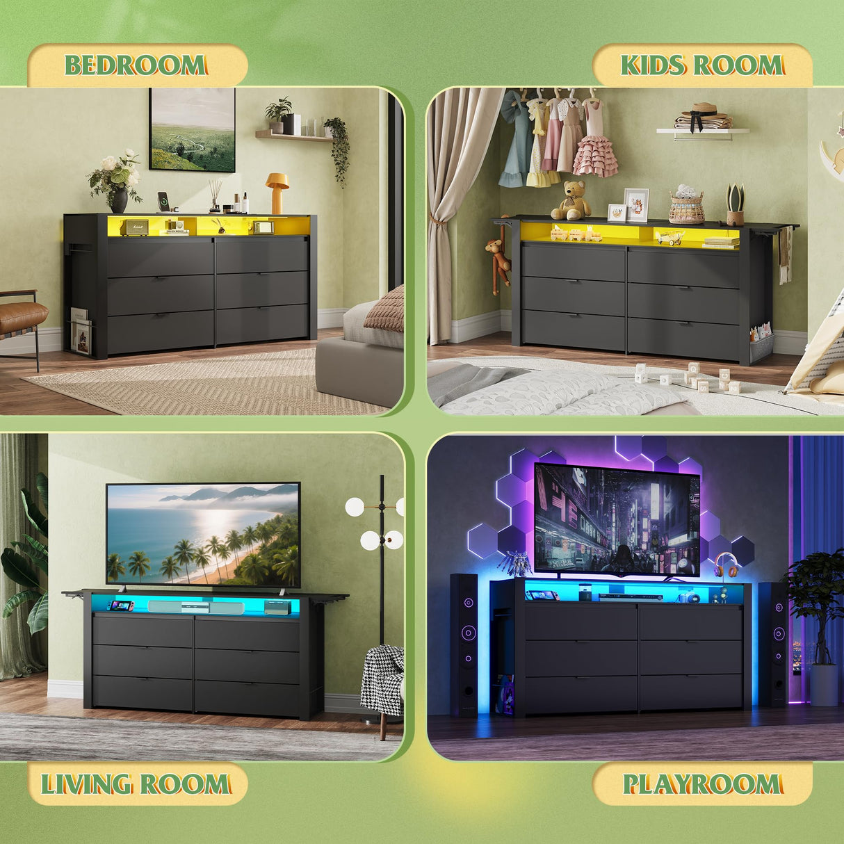 WLIVE 78 Inch Dresser for Bedroom, Large Chest of Drawers Expandable Black Wood Dresser from 5'3" to 6'5'' with Flexible Shelves and Hanging Rack, Led Dressers for Living Room (85'' TV) WLIVE