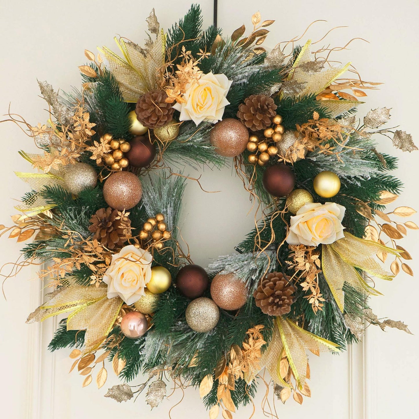 Christmas Wreaths for Front Door with Lights Pre-Lit, Soomeir 24“ Champagne Gold Door Wreath with Ball Ornaments, Battery Operated Holiday Thanksgiving Fall Winter Decor (Gold)