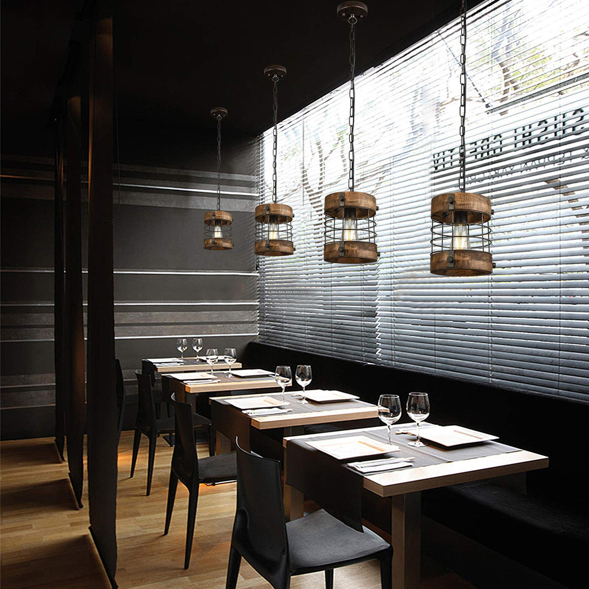 wochos Retro Industrial Metal and Wood Chandelier 1-Light Round Cage Pendant Light Fixture for Kitchen Island Foyer Hallway Bar Dining Room Restaurant, D 7.9" x H 8.7" (Brown) wochos