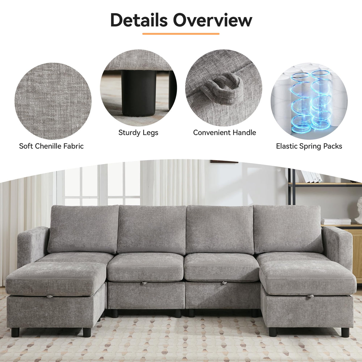 WUTUTUEE 58”Modular Sectional Loveseat Sofa, Modern Love Seat 2 Seater Sofa Couch with Storage, Chenille Modular Sectional Couch for Living Room, Bedroom, Office, Small Apartment, Light Grey WUTUTUEE