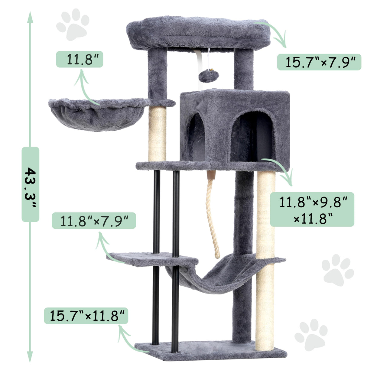 Gitelsnour Cat Tree, Cat Tower for Indoor Cats, 43.3 inch Cat Tree Tower with Sturdy Steel Tube, Cat Hammock, Cat Condo for Small Cats and Kittens, Cat Scratching Post, Smoky Gray GCT004SG Gitelsnour