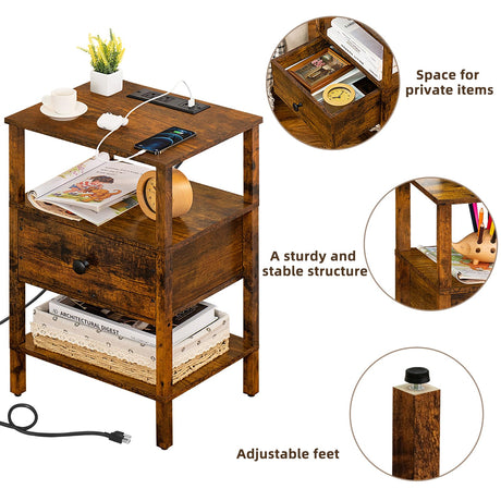 Lerliuo Nightstand with Charging Station and USB Ports, 3-Tier Storage End Table with Drawer Shelf, Night Stand for Small Spaces, Wood Bedside Table for Living Room, Bedroom - Retro Brown… Lerliuo