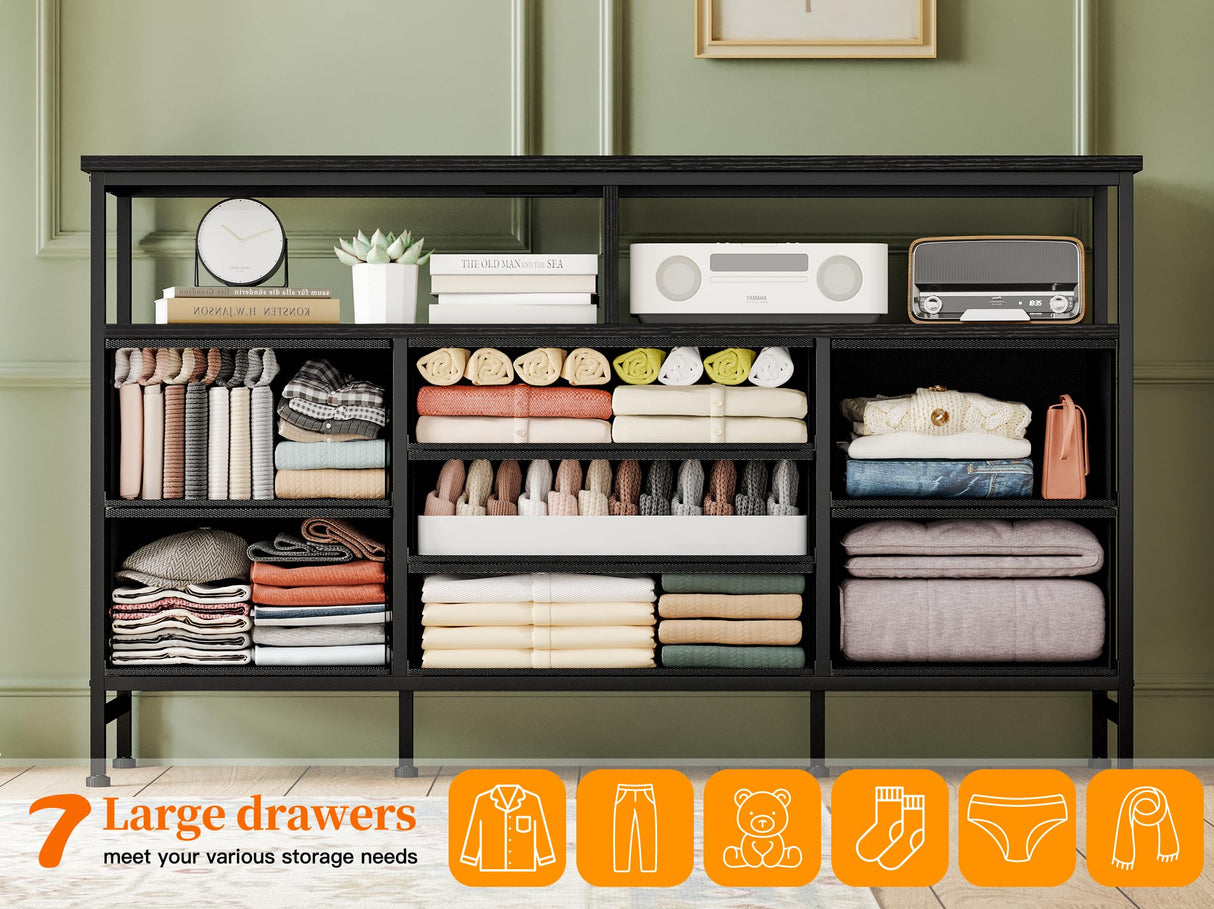 Fixwal Black Dresser for Bedroom with Power Outlets and LED Lights, 55 Inch Drawer TV Stand with 7 Fabric Drawers, TV Stand for Bedroom Up to 65 Inch TV, Chests of Drawers for Bedroom Black Fixwal