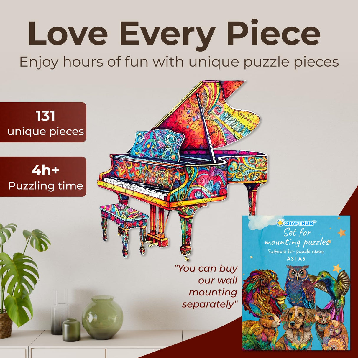 Crafthub Music Instrument Wooden Puzzles for Adults – A3 Unique Piano with 131 Pieces Wood Puzzles – Jigsaw Puzzles with Unique Animal Shapes – 11" x 11.7" CRAFTHUB