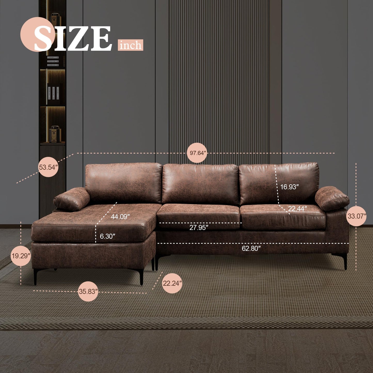 ovios 97.6" L Shaped Sectional Sofa with Reversible Chaise, 3 Seat Comfy Suede Leather Couch with Convertible Chaise, Modern Mid-Century Sofa for Living Room, Dark Brown