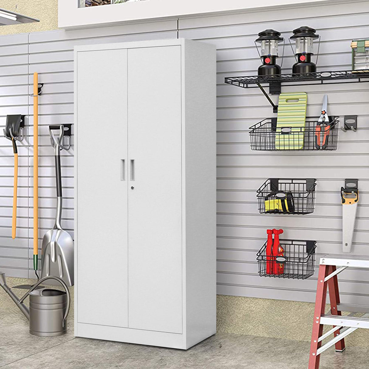 Metal Storage Cabinet, 72" H x 36" W x 18" D Locking Cabinet with Adjustable Shelves, Steel Storage Cabinets for Garage, Home, Office, Pantry (White) Wanfu