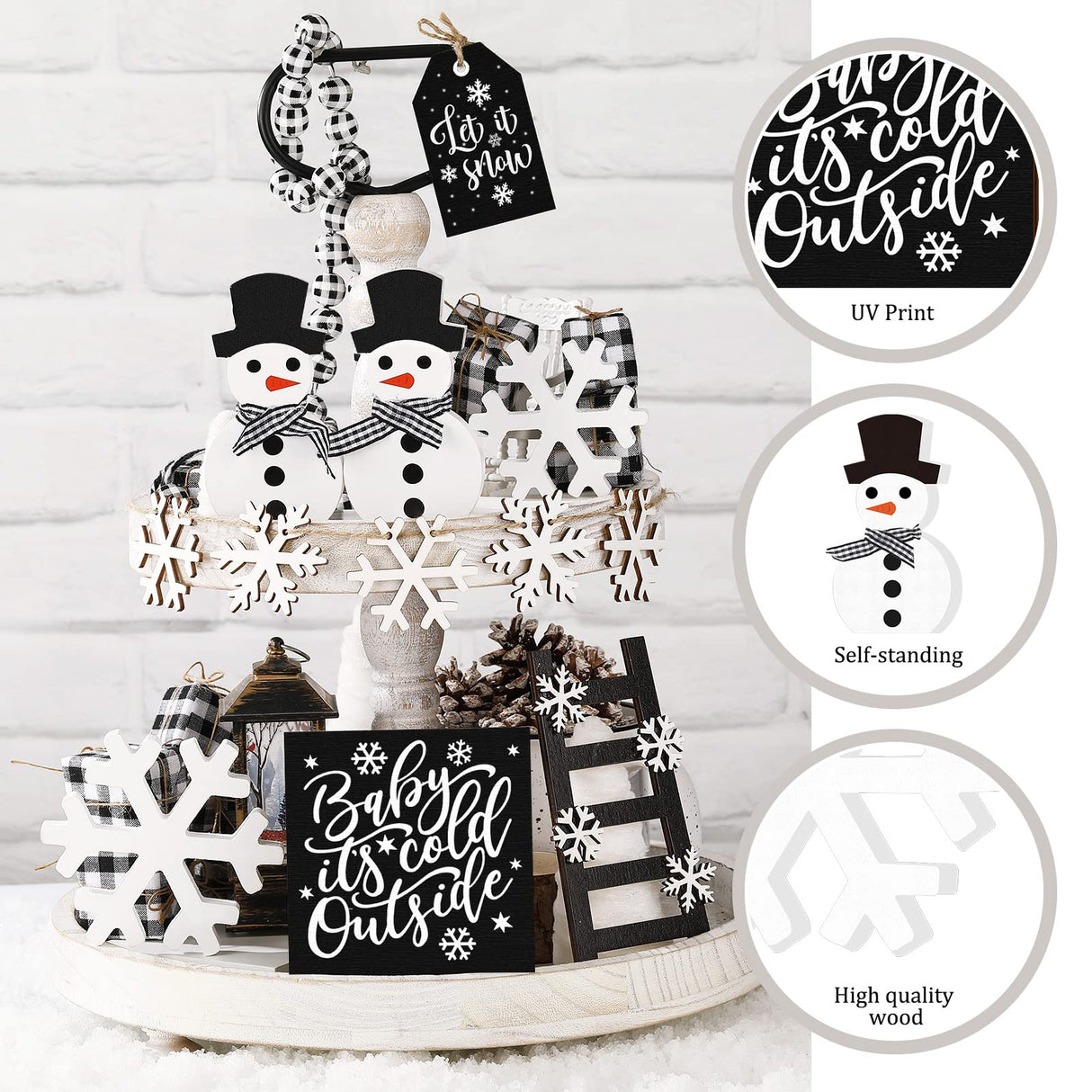 12 Pieces Christmas Winter Tiered Tray Decor Set Snowman Snowflake Table Wood Sign Farmhouse Tabletop Signs for Xmas Winter Home Table Holiday Yalikop
