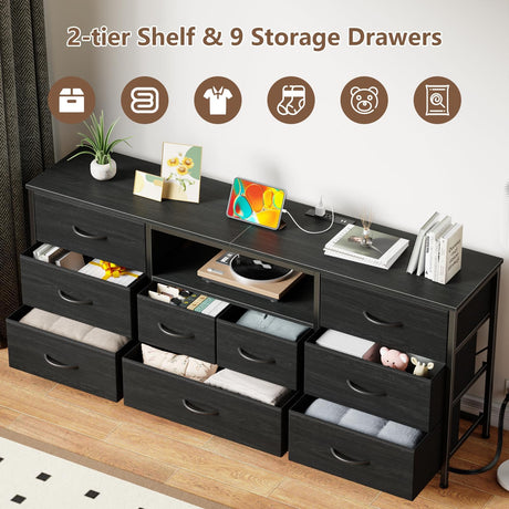 Furnulem 9 Drawer Dresser, 63” Long TV Stand for Bedroom, Entertainment Center with Power Outlet & LED Light for 65"-75" TV, Black Dresser with Fabric Storage Drawers for Closet Furnulem