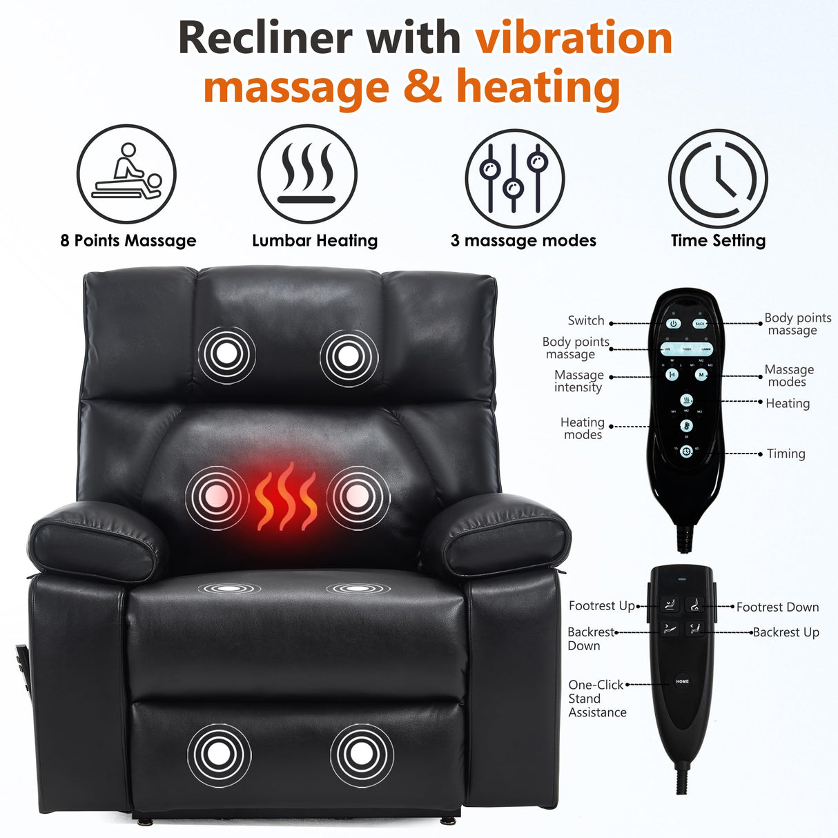 EZZUP Dual Motor Power Lift Chair for Elderly with Vibration Massage and Lumbar Heating for Living Room, Electric Lay Flat Recliner with Cup Holders Remote Controls, Medium-Firm Faux Leather, Black EZZUP