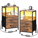 WLIVE Night Stand Set of 2 with Charging Station, LED Nightstand Sets with 2 Fabric Drawers and Storage Shelf, Small Bedside Tables for Small Spaces, Dresser for Bedroom, Rustic Brown WLIVE
