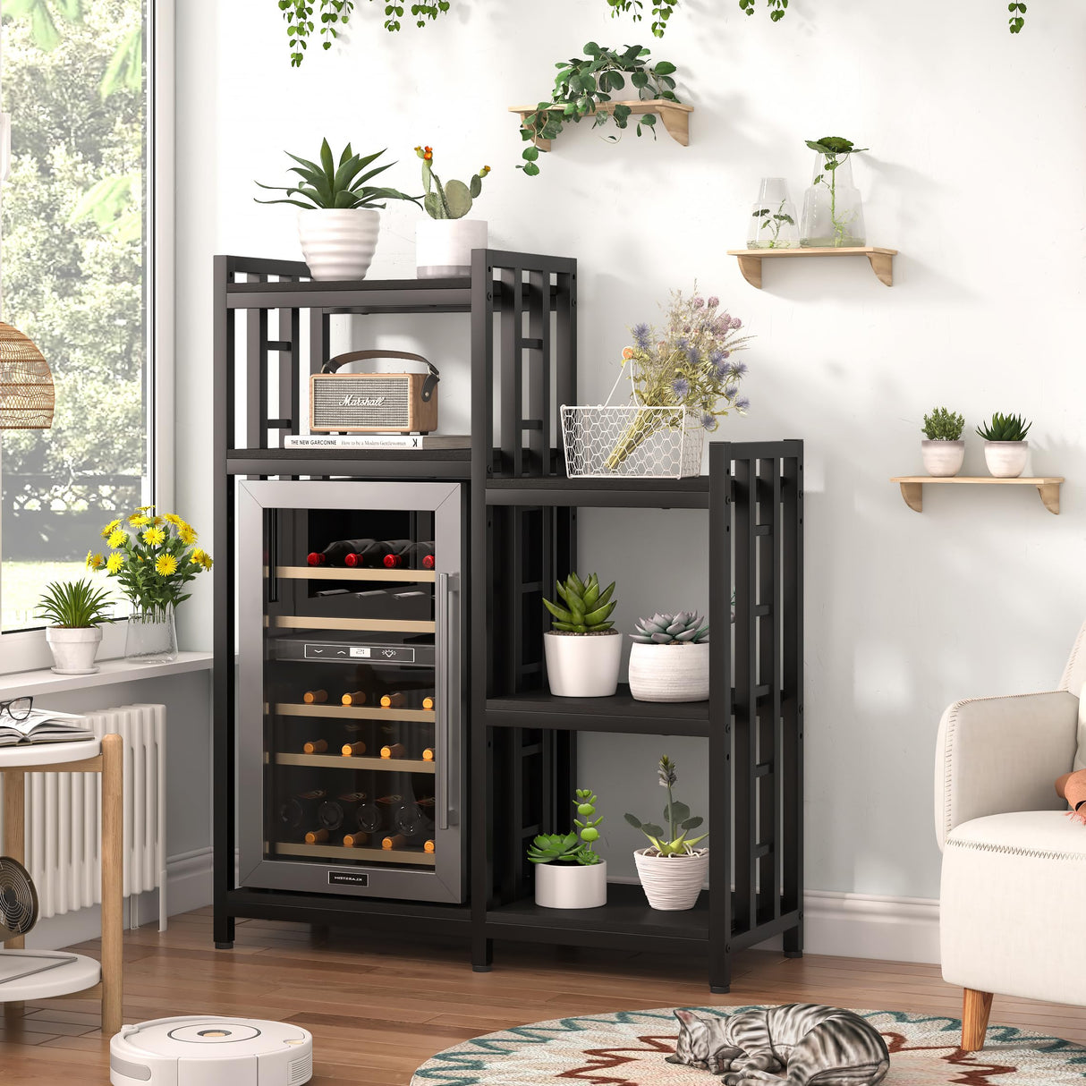 YCHF 6-Tier Kitchen Bakers Rack, Utility Storage Shelf, Mini Fridge & Microwave Oven Stand Table, Coffee Bar, Adjustable Kitchen Shelves Freestadning for Home Office (Black Wood Grain) YCHF