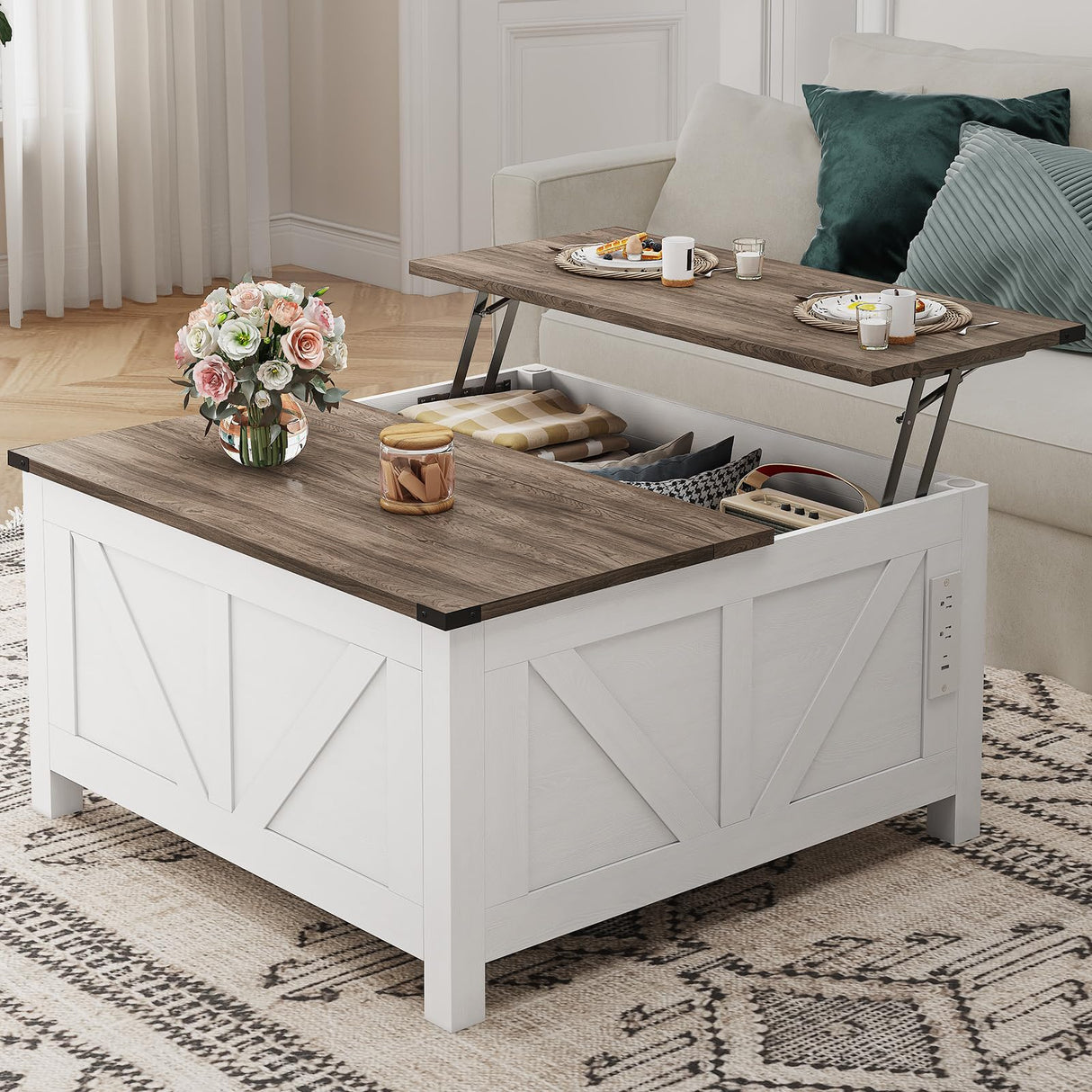 NEWBULAND 35" Lift Top Coffee Table with Storage, Wooden Coffee Tables for Living Room, Farmhouse Coffee Table with Large Hidden Storage Compartment, White and Grey NEWBULAND