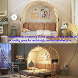 Polibi Twin Size Extended Bed with Arched Canopy, Trundle and Light Strip, Wooden Canopy Bed with Whiteboard (Natural) Polibi