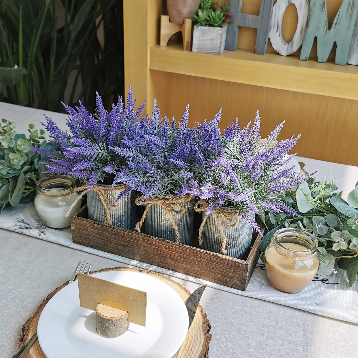 Set of 3 Small Potted Plants Arrangement Artificial Lavender Flower Plants in Rustic Galvanized Metal Pots with Decorative Wood Tray for Farmhouse Table Centerpiece Windowsill Country Indoor Decor Winlyn