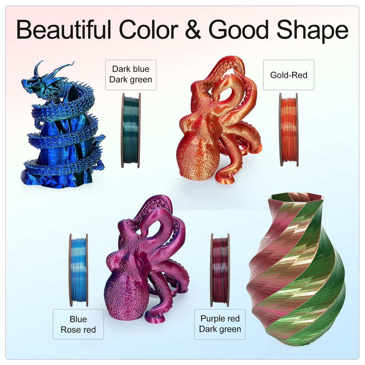 Kretrum Silk PLA 3D Printer Filament Dual Color Refills 1.75 mm Color Changing Bundle Dimensional Accuracy +/- 0.02 mm 250g x 4 Spools (Rose & Blue, Red & Gold, Violet & Green, Blue & Green) Kretrum