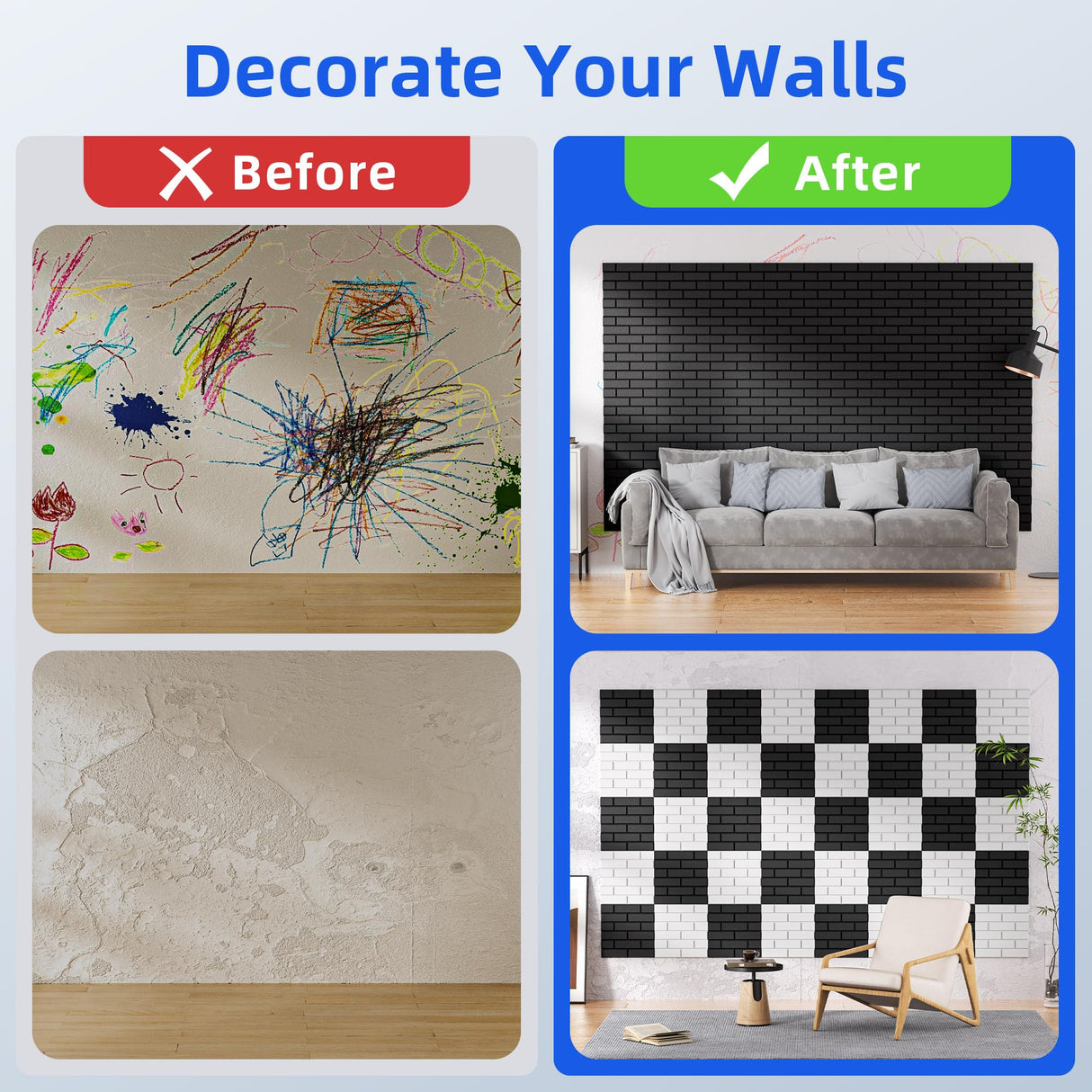 12 Pack Acoustic Panels with Self Adhesive, 12" X 12" X 0.4" High Density Sound Proof Foam Panels for Walls, Soundproof Wall Panels, Brick Sound Absorbing Panels for Home Studio Office Decor - Black NEPIS