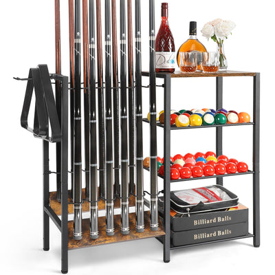 Pool Stick Holder Floor Stand up to 12 Cue Sticks, Pool Cue Holder with Balls Storage, Pool Table Accessories Stand Large Pool Cue Rack Equipment Organizer Cue Stick Holder for Billiard Game Room
