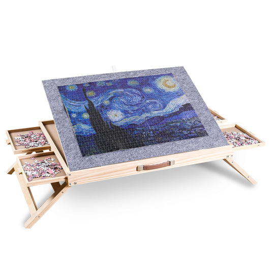 1500 Piece Jigsaw Puzzle Board - Wooden Puzzle Table with Cover - 3-Tilting-Angle Adjustable and 4 Drawers - 34” X 25” Jigsaw Puzzle Board Portable and Felted Anti-Skid Surface