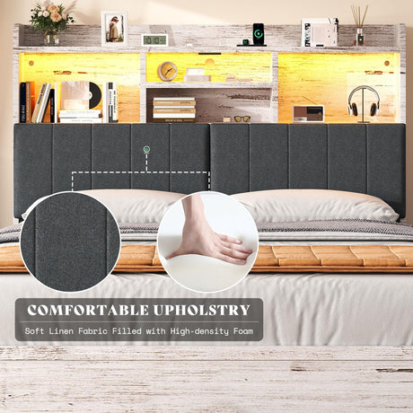 AMERLIFE King Size Bed Frame with 51.2" Tall Bookcase Headboard, Farmhouse Platform Bed with 4 Storage Drawers, Linen Upholstered, Charging Station & Storage, Rustic White AMERLIFE
