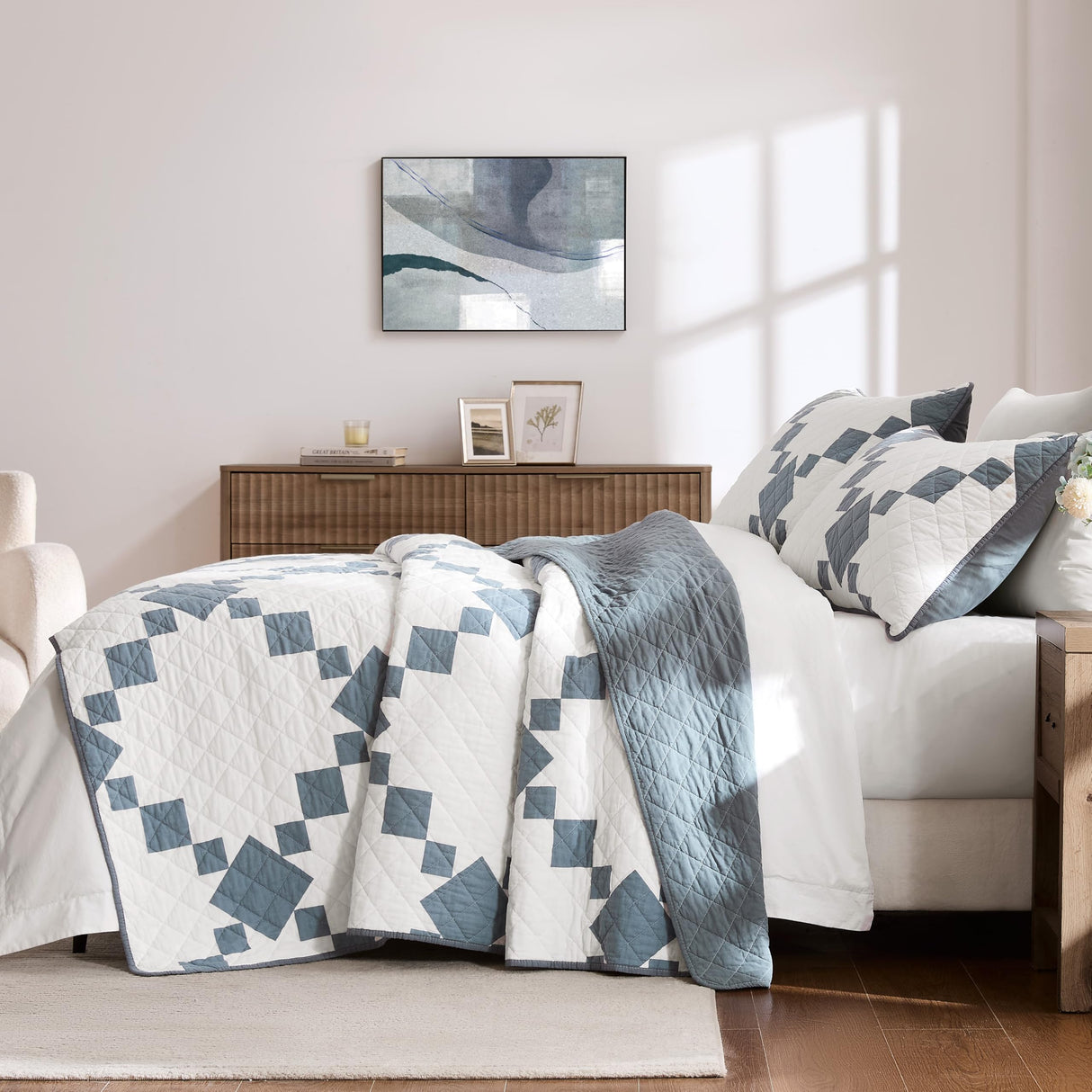 WDCOZY 100% Cotton Quilt Queen Size, Lightweight Reversible Gingham Patchwork Bedding Set with 2 Pillow Shams, Blue Block Pattern Farmhouse Bedspread Shabby Chic Coverlet Thin Comforter All Seasons WDCOZY