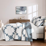 WDCOZY 100% Cotton Quilt Queen Size, Lightweight Reversible Gingham Patchwork Bedding Set with 2 Pillow Shams, Blue Block Pattern Farmhouse Bedspread Shabby Chic Coverlet Thin Comforter All Seasons WDCOZY