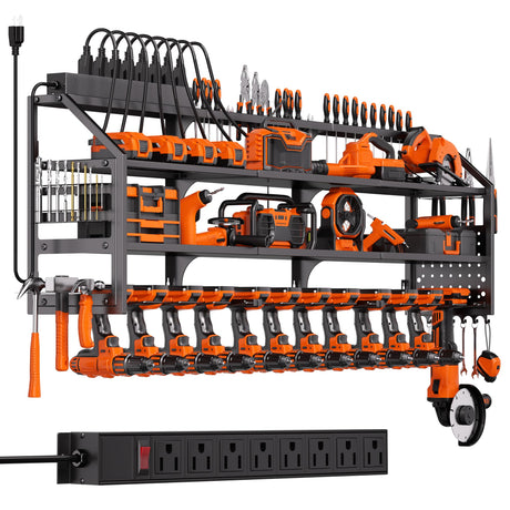 YFFSRJDJ Extra Large Power Tool Organizer Wall Mount with Charging Station, 12 Drill Holders Heavy Duty with 8-Outlet Power Strip, Garage Cordless Drill Storage and Organization, Battery Utility Rack YFFSRJDJ