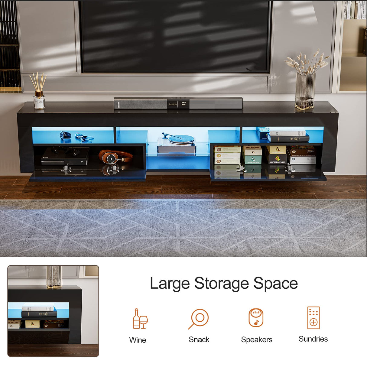 AOVSA LED Floating TV Stand for 85 Inch TV, Black High Glossy Wall Mounted Haning TV Stand with Cabinets, Entertainment Center Console Shelf for Living Room AOVSA