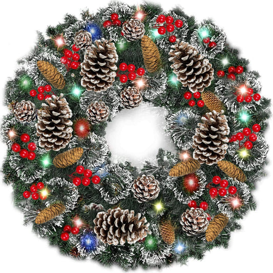 30 Inch Super Large Thick Prelit Christmas Wreath for Front Door with 80 Lights Timer Realistic Feel 311 Tips 28 Pinecone 110 Red Berry Battery Operated Outdoor Christmas Wreath Xmas Door Decor